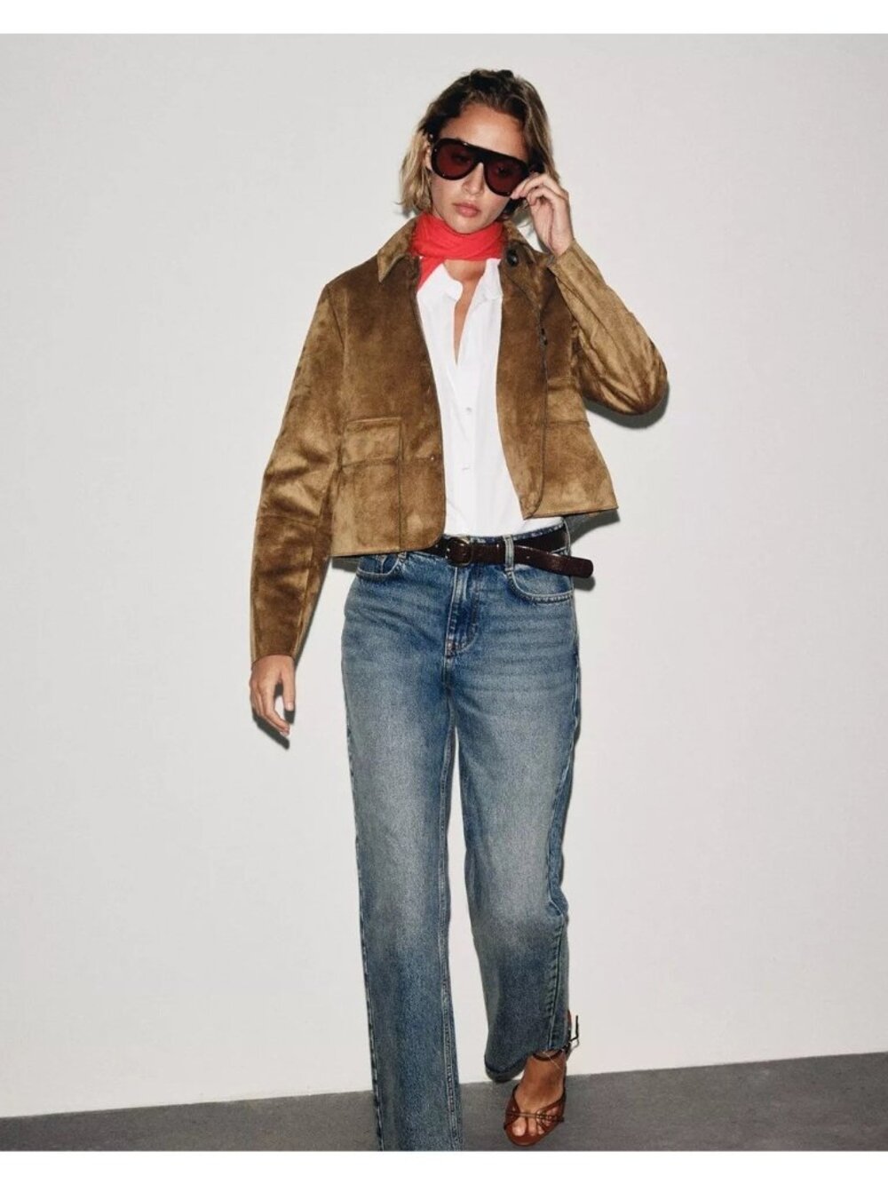 Zara Womens Cropped Faux Suede Jacket S Brown Khaki Button Front 4968/224 NWT - Picture 2 of 12